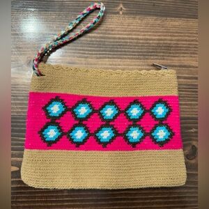 Handcrafted Boho Tan and Pink Woven Wristlet Festival Bag